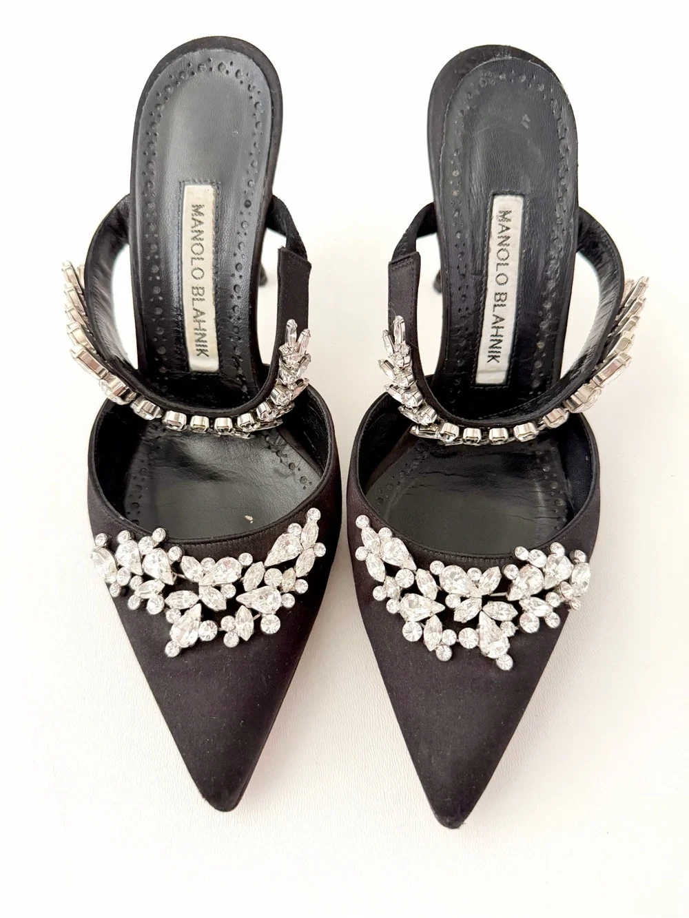 MANOLO BLAHNIK | Lurum Black Satin Crystal Embellished Mule Heels EU 37